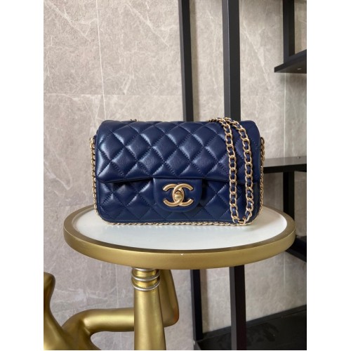 chanel bolso clásico piel de cordero y perlas de imitación metal dorado AS1740 azul