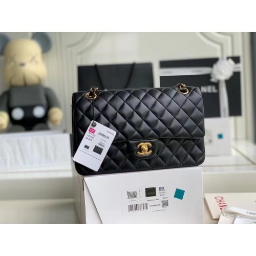 chanel bolso clásico Piel de cordero oro Metal A01112 Negro