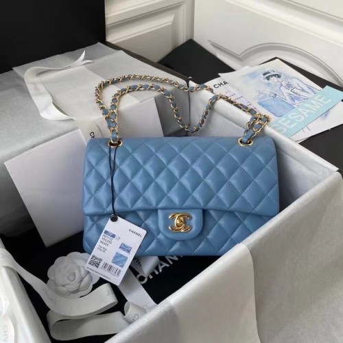 chanel bolso clásico Piel de cordero oro Metal A01112 azul