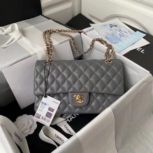 chanel bolso clásico Lambskin oro Metal A01112 gris oscuro