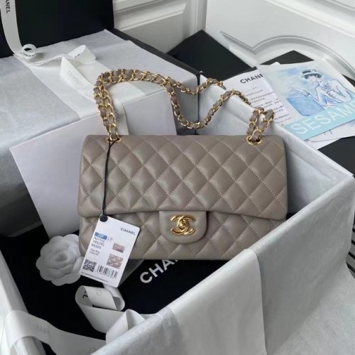 chanel bolso clásico Lambskin oro Metal A01112 gris