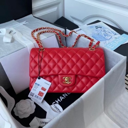 chanel bolso clásico Piel de cordero oro Metal A01112 rojo
