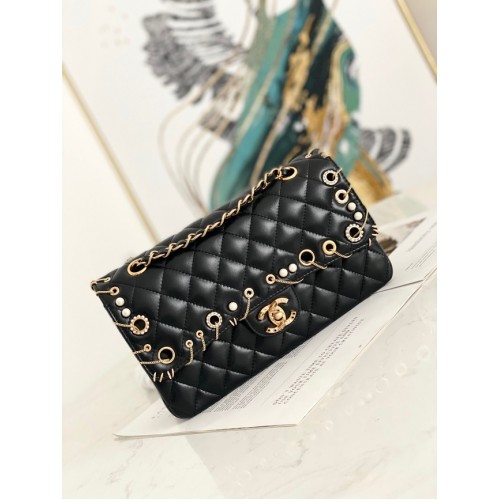 chanel bolso clásico Lambskinggold Metal AS1112 negro