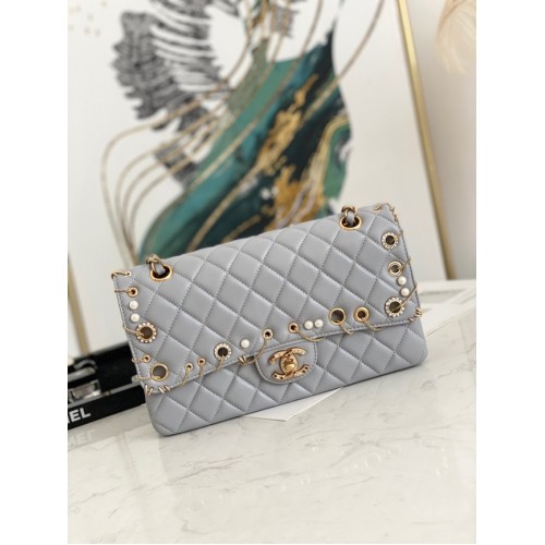 chanel bolso clásico Lambskinggold Metal AS1112 gris