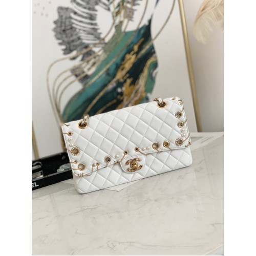chanel bolso clásico Lambskinggold Metal AS1112 blanco