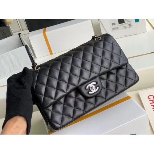 chanel bolso clásico Piel de cordero plata Metal A01112 Negro