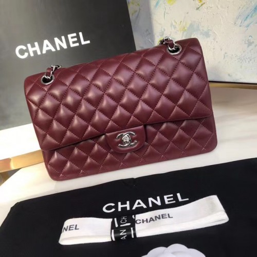 chanel bolso clásico Piel de cordero plata Metal A01112 Borgoña