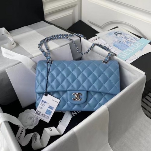 chanel bolso clásico Lambskin plata Metal A01112 azul