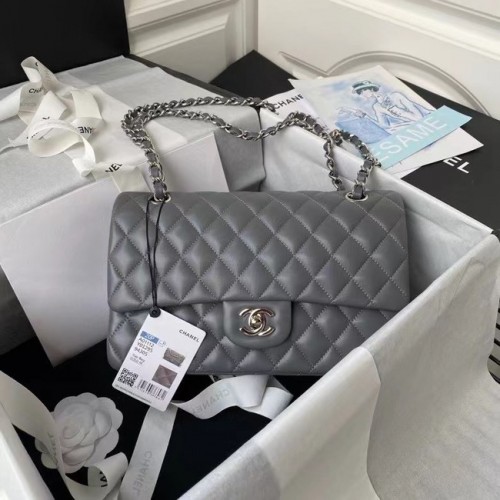 chanel bolso clásico Lambskin plata Metal A01112 gris oscuro