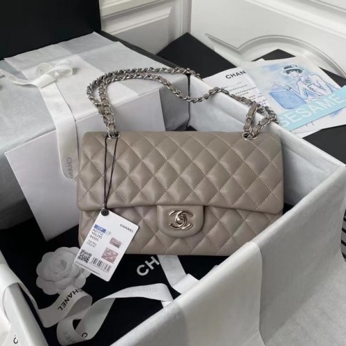 chanel bolso clásico Lambskin plata Metal A01112 gris