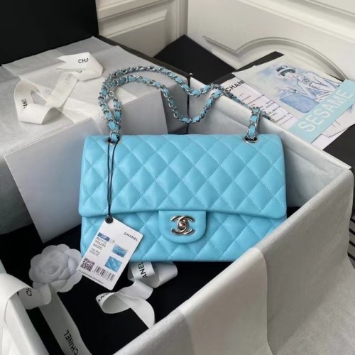 chanel bolso clásico Lambskin plata Metal A01112 azul claro