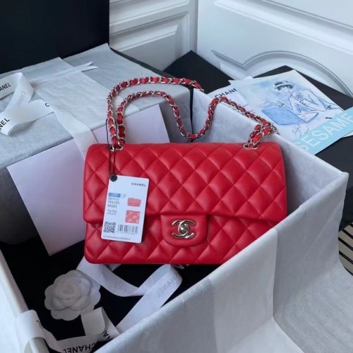 chanel bolso clásico Piel de cordero plata Metal A01112 rojo