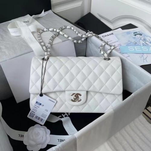 chanel bolso clásico Piel de cordero plata Metal A01112 blanco
