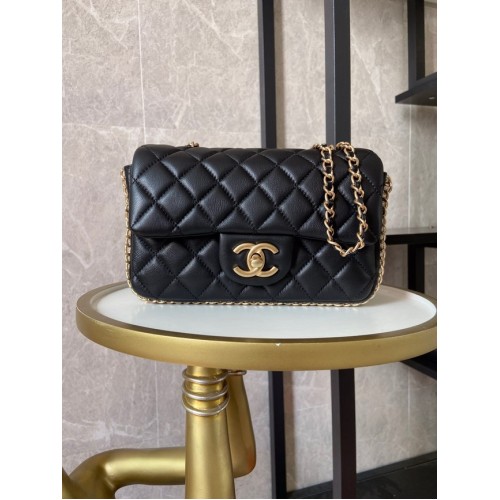 chanel bolso clásico piel de cordero y perlas de imitación oro metal AS1740 negro