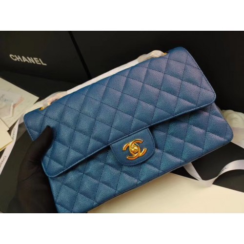 bolso con solapa chanel Piel de becerro graneada iridiscente y tono dorado AS1112 azul