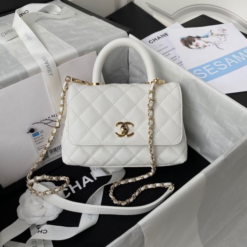bolso mini con solapa chanel cuero caviar original con asa superior blanco AS2215 tono dorado
