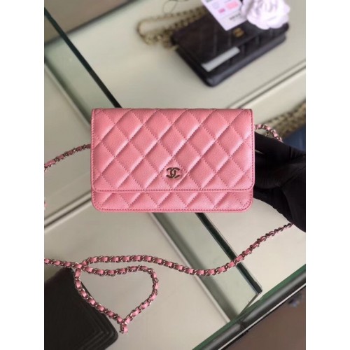 Cartera clásica Chanel con cadena Piel de becerro granulada Metal plateado 33814 Rosa nacarado